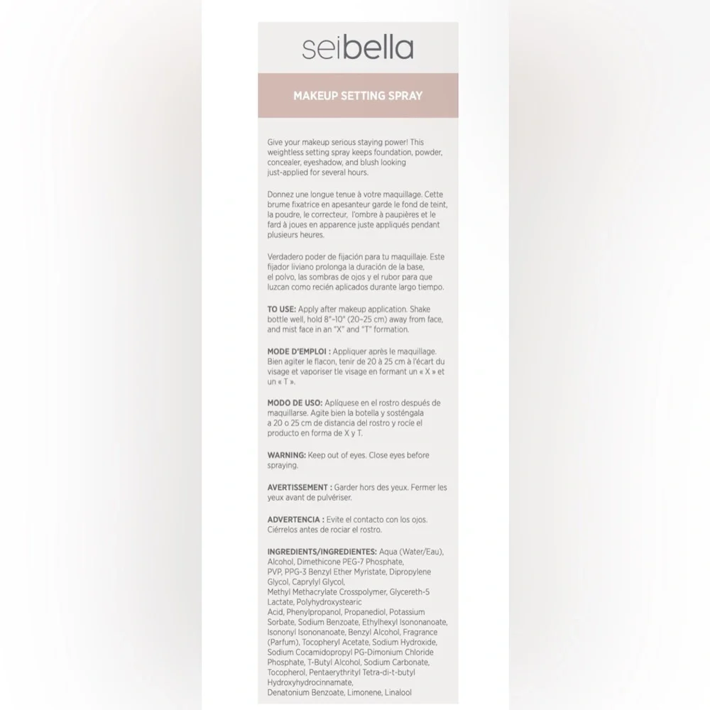 Sei Bella Makeup Setting Spray NIB 120ML/4.06fl oz